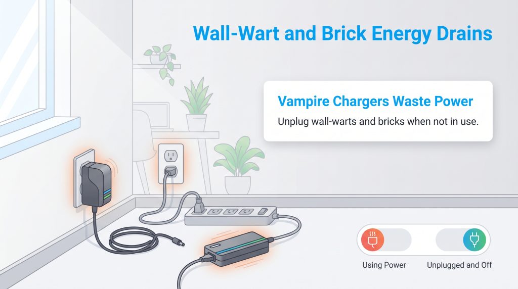 Illustration showing a wall-wart and a power brick plugged in and glowing orange to indicate they are using power.