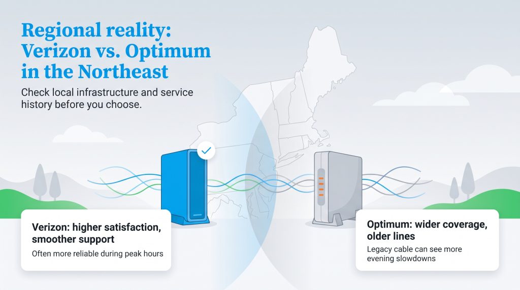 Infographic comparing Verizon and Optimum Internet service quality and coverage in the Northeast.