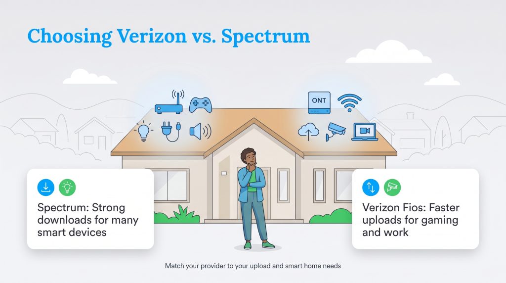 Person contemplating Verizon vs. Spectrum internet for a smart home with various connected devices.