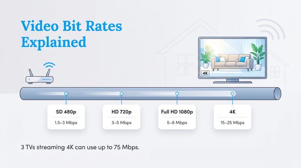 Chart showing Mbps needed for streaming: SD (1.5-3), HD (3-5), Full HD (5-8), and 4K (15-25).