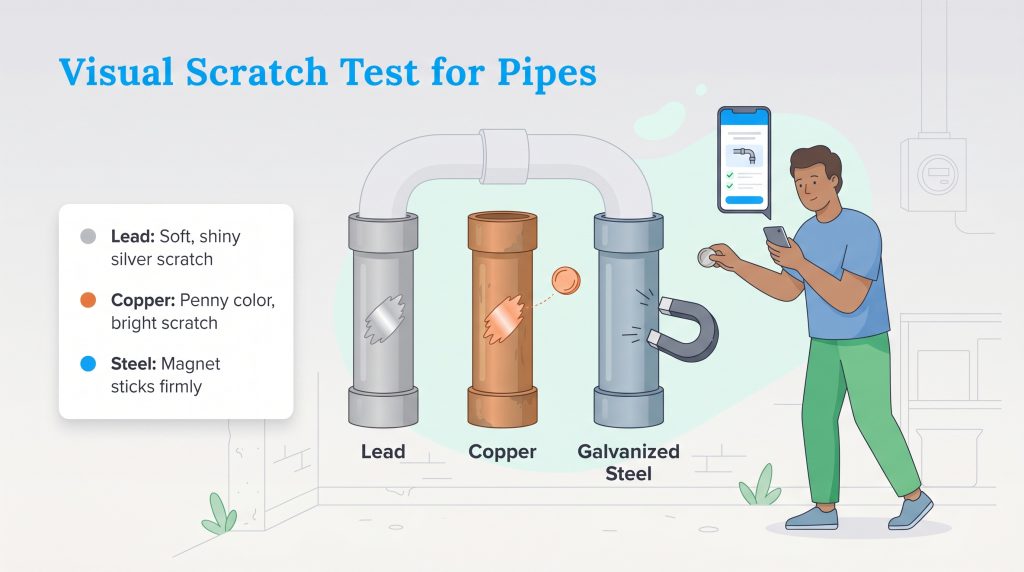 Infographic showing a man using a coin and magnet to identify lead, copper, and galvanized steel pipes.
