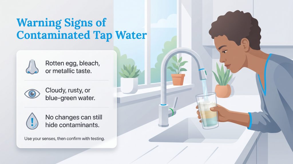 Illustration showing sensory and visual warning signs of contaminated tap water, plus hidden risks.