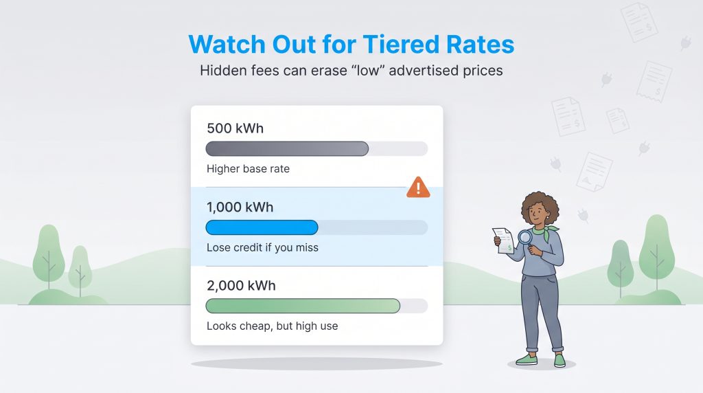 Infographic warning that missing specific usage targets in tiered electricity plans triggers higher rates and lost bill credits.
