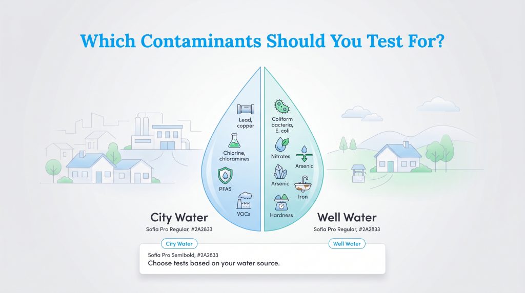 Infographic comparing contaminants to test for in city water versus well water.