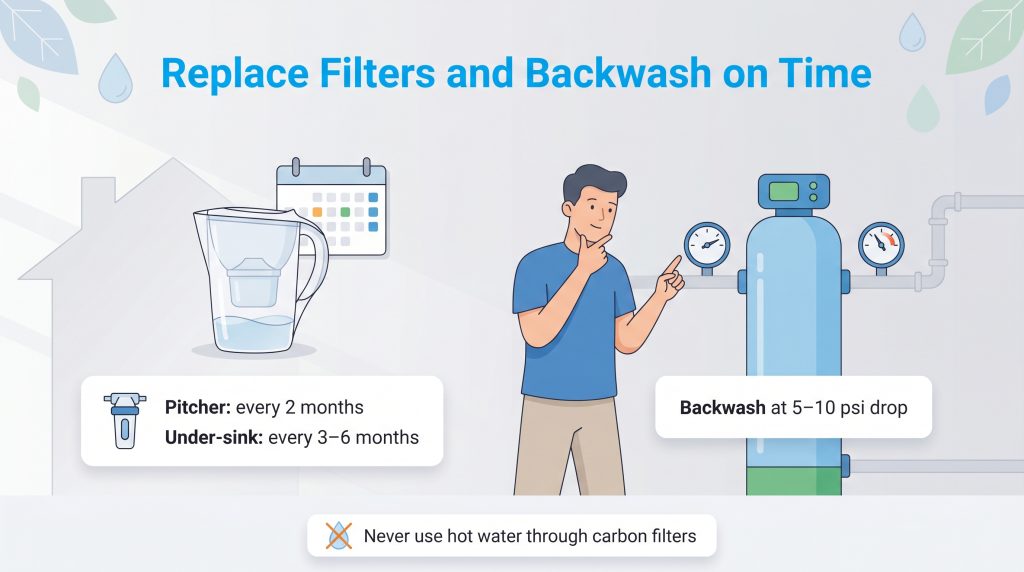 Infographic showing timelines for replacing pitcher and under-sink filters and backwashing a tank system.