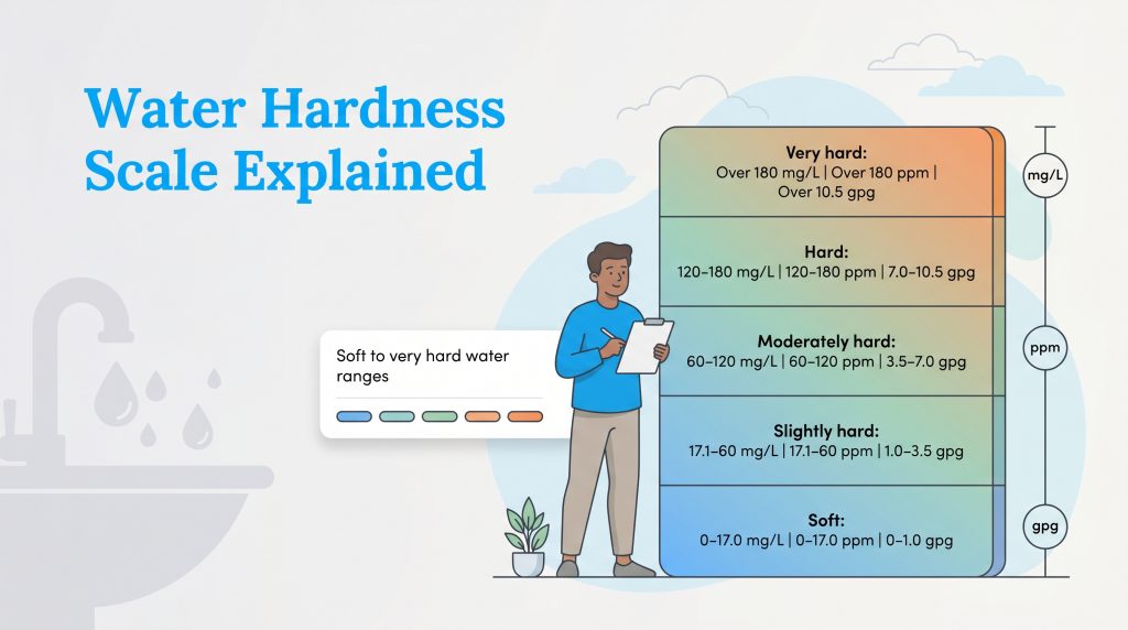 Infographic showing water hardness levels from soft to very hard, measured in mg/L, ppm, and gpg.