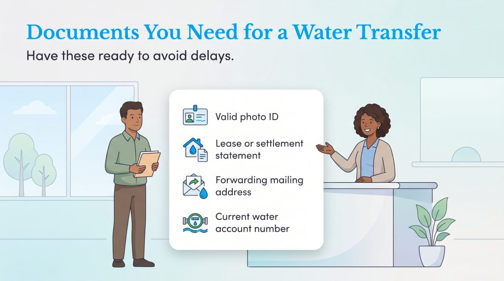 Illustration of a checklist showing the four documents required for a water service transfer.
