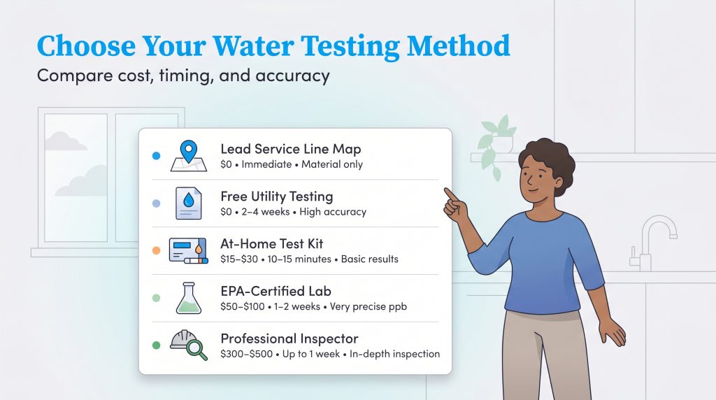 Chart comparing five water testing methods by cost, time, and accuracy.