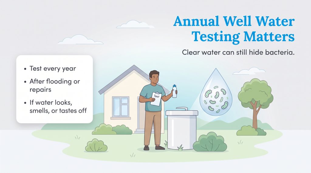 Infographic illustrating why and when to test well water, featuring a man with a test kit at a wellhead.