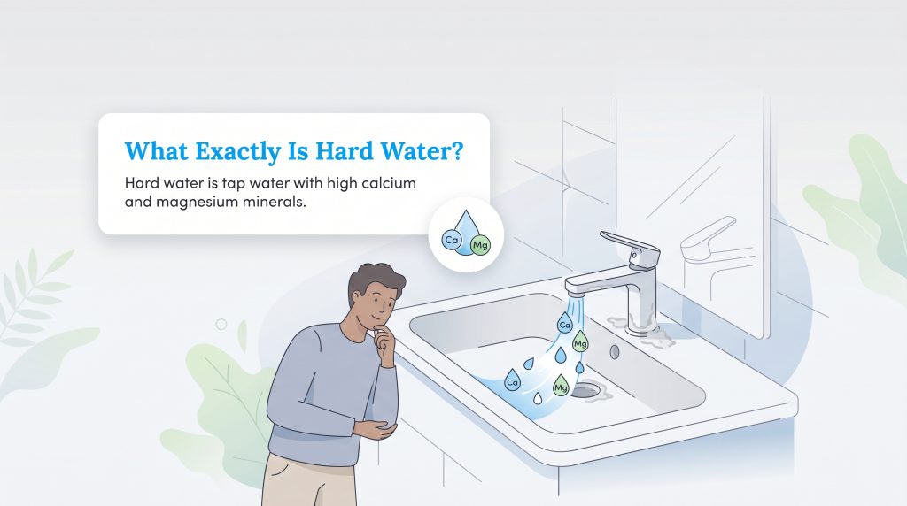 A man observes tap water containing high calcium (Ca) and magnesium (Mg) minerals, as described in the accompanying text.