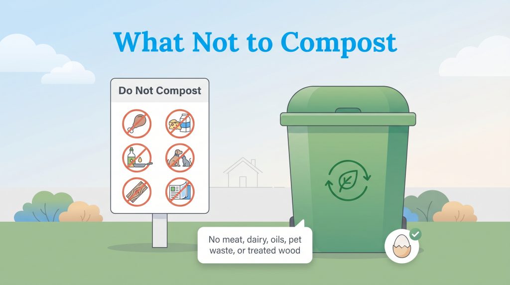 Infographic showing items not to compost: meat, dairy, oils, pet waste, and treated wood.