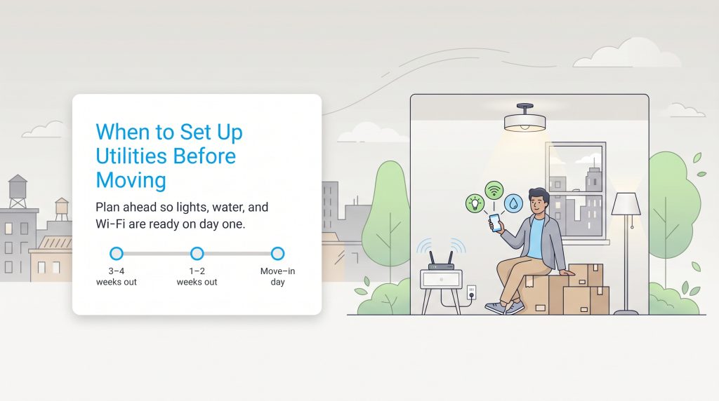 A timeline shows setting up utilities 3-4 weeks, 1-2 weeks, and on move-in day for a seamless move.