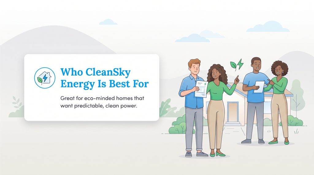 Illustration of couples discussing energy outside a home with text defining CleanSky's target audience.