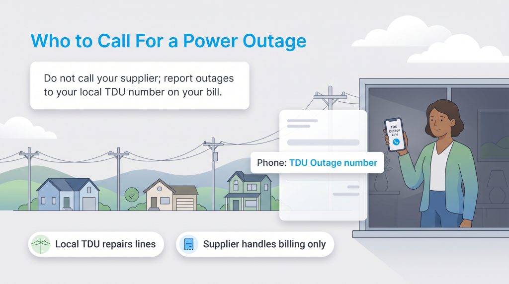 Infographic showing a woman calling the TDU Outage Line found on her bill during a power outage.