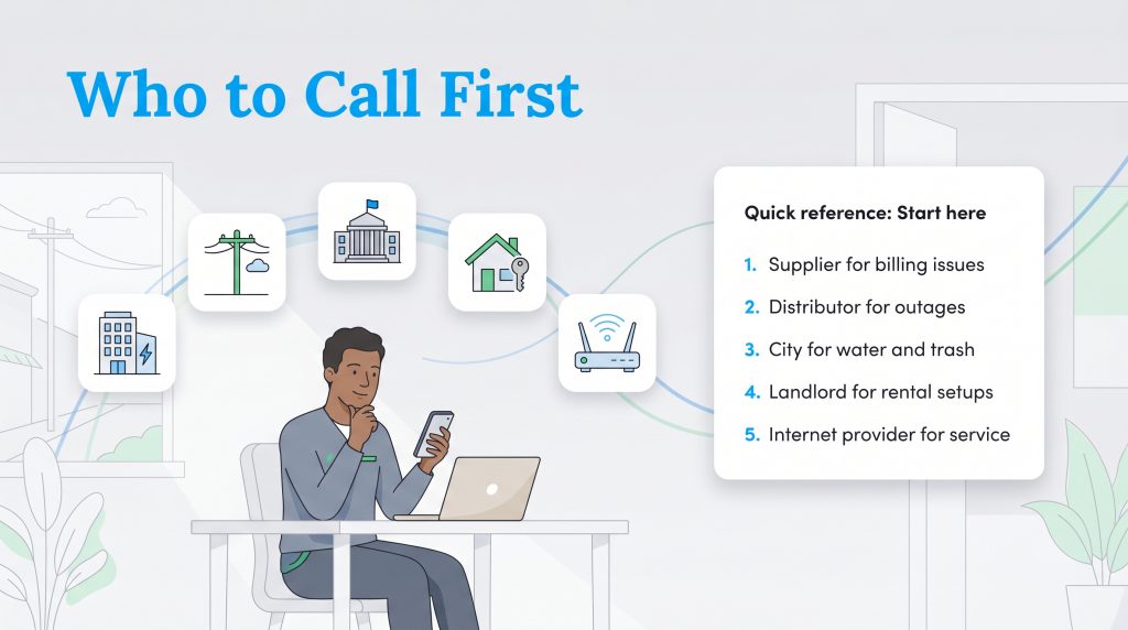 Infographic showing a person with utility icons and a numbered list for who to call first.