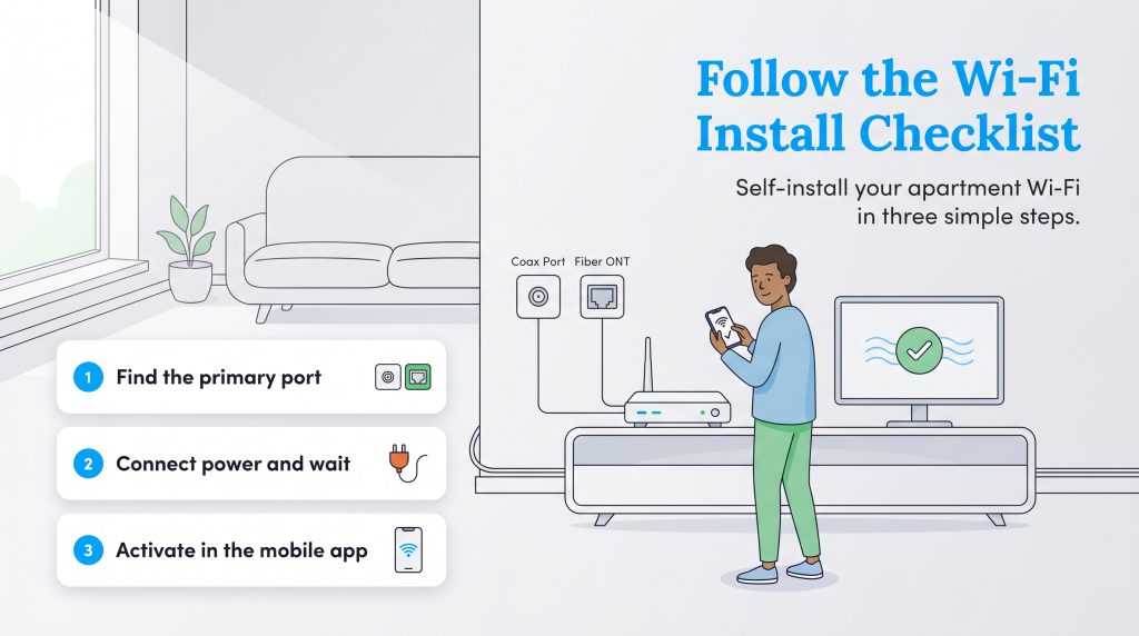Illustration of a person self-installing apartment Wi-Fi following a three-step checklist.