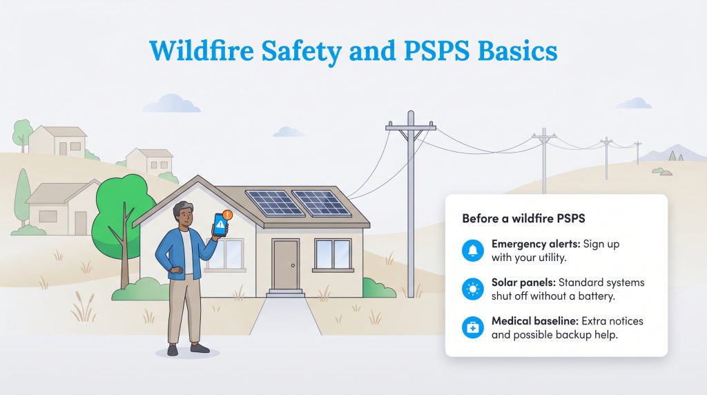 Illustration of a man outside a home with solar panels, reviewing PSPS safety tips on a phone.