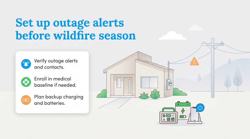 Infographic with checklist for preparing for wildfire season power outages, including verifying alerts, enrolling in medical programs, and planning backup power.