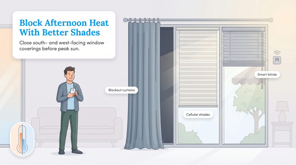 Illustration of a man with blackout curtains, cellular shades, and smart blinds to block afternoon heat.