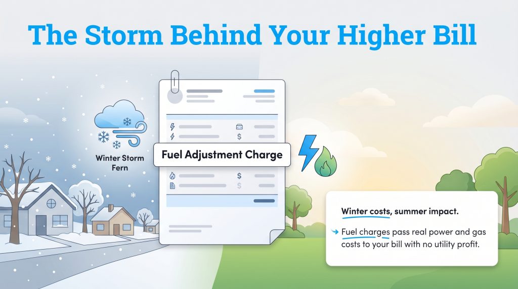 Infographic showing how Winter Storm Fern results in a fuel adjustment charge on summer bills.