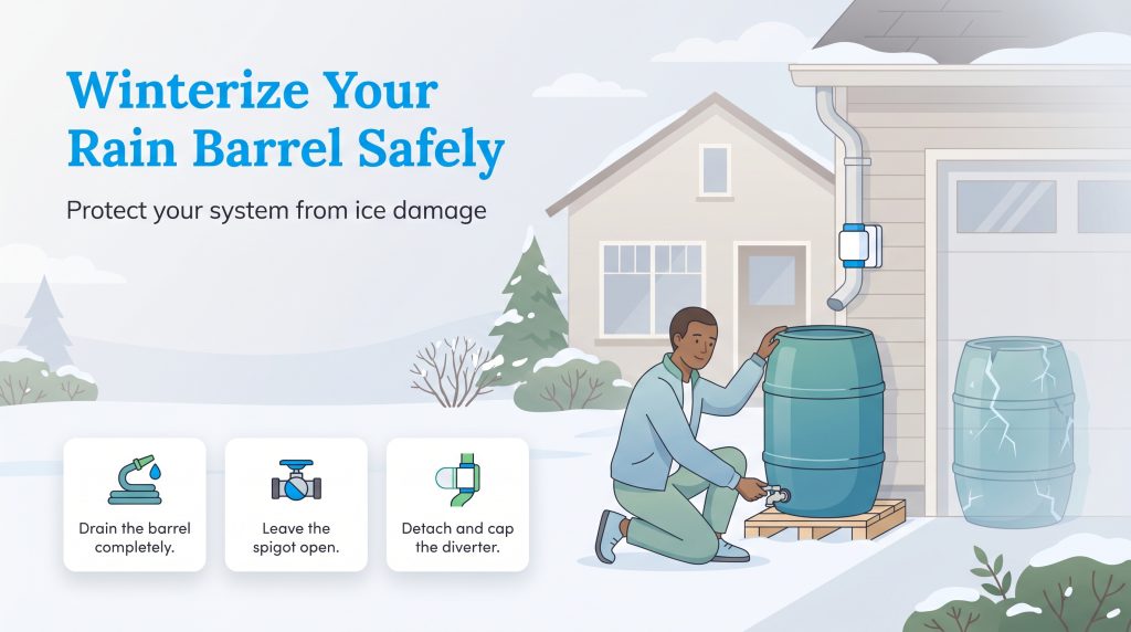 Infographic on winterizing a rain barrel: drain completely, leave spigot open, and detach the diverter.