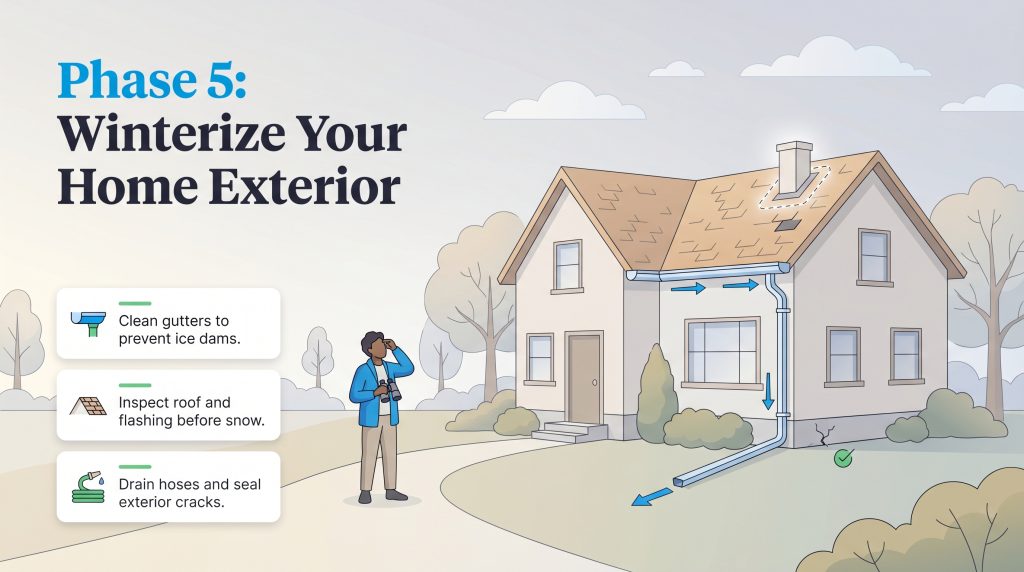 Infographic titled 'Phase 5: Winterize Your Home Exterior' with illustrations of a house and a person inspecting it, listing steps like cleaning gutters and sealing cracks.