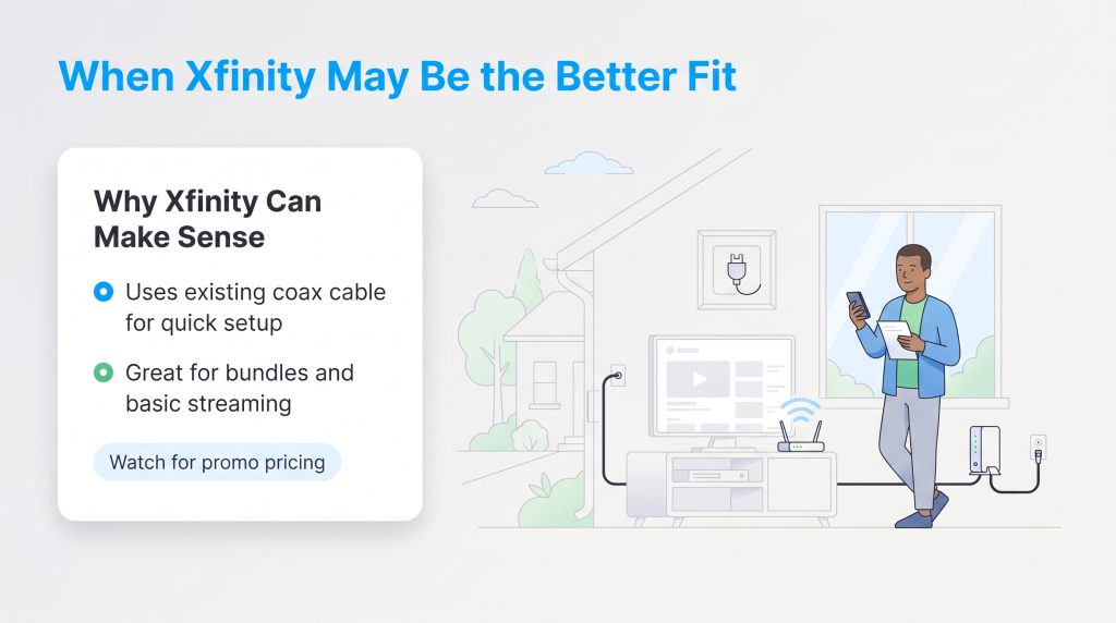 Infographic titled 'When Xfinity May Be the Better Fit', explaining reasons like quick setup and bundling, with an illustration of a man at home using devices.
