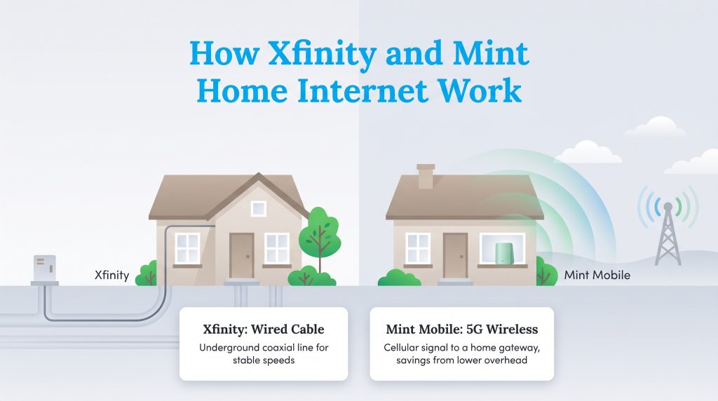 Diagram of Xfinity's wired cable connection and Mint Mobile's 5G wireless signal to a home.