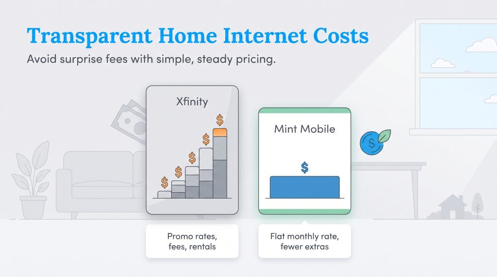 Infographic comparing Xfinity's increasing promotional rates and fees with Mint Mobile's flat, low monthly rate.
