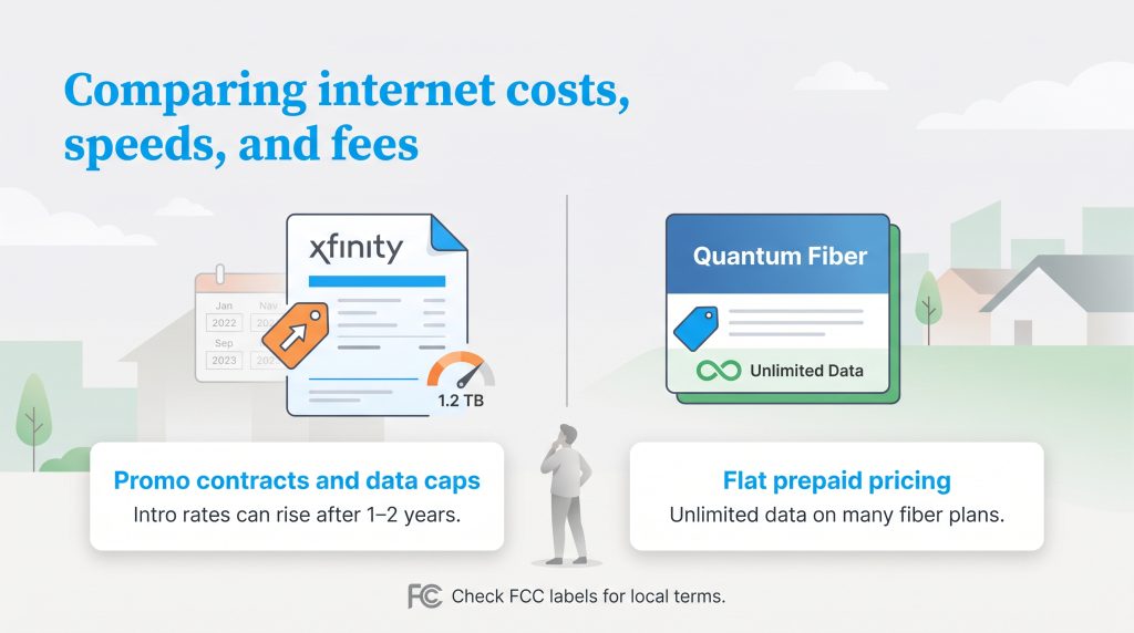 Xfinity promo rates and data caps versus Quantum Fiber flat pricing and unlimited data comparison.