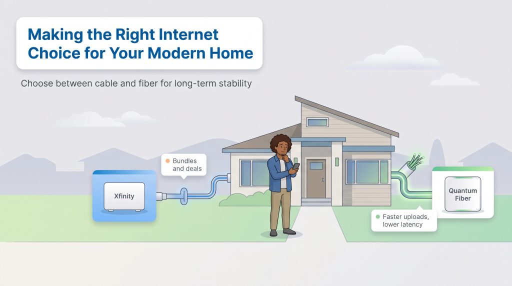 Infographic comparing Xfinity cable with bundles and Quantum Fiber with faster uploads for a modern home.