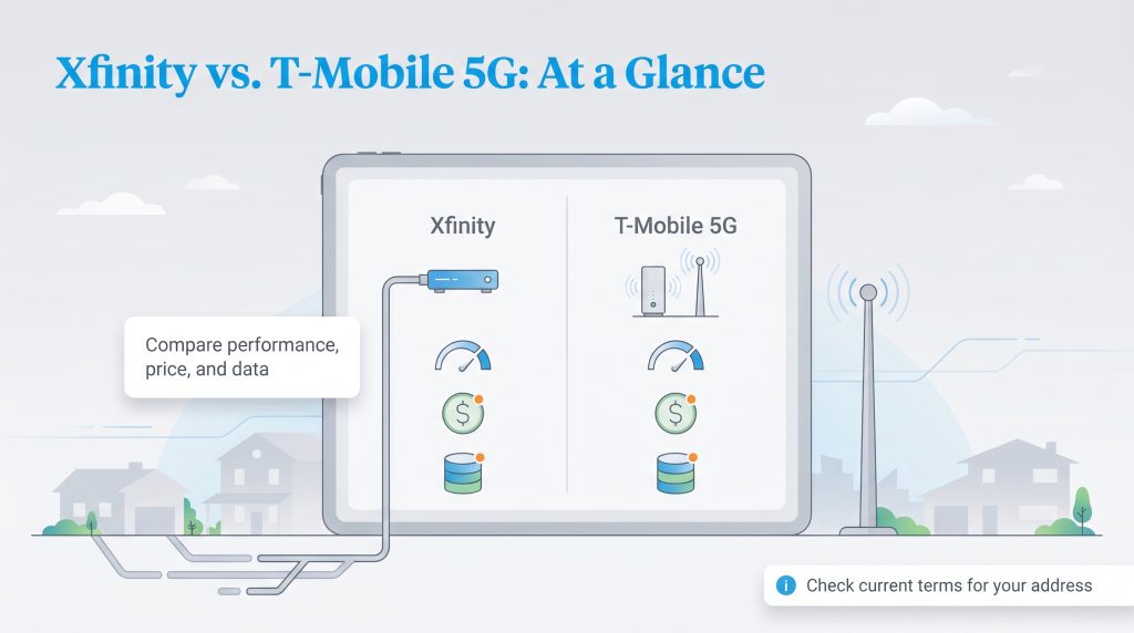 An infographic on a tablet compares Xfinity and T-Mobile 5G internet across speed, price, and data.