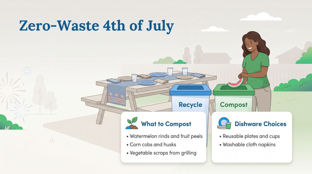 Infographic for a Zero-Waste 4th of July picnic showing composting and reusable dishware tips.