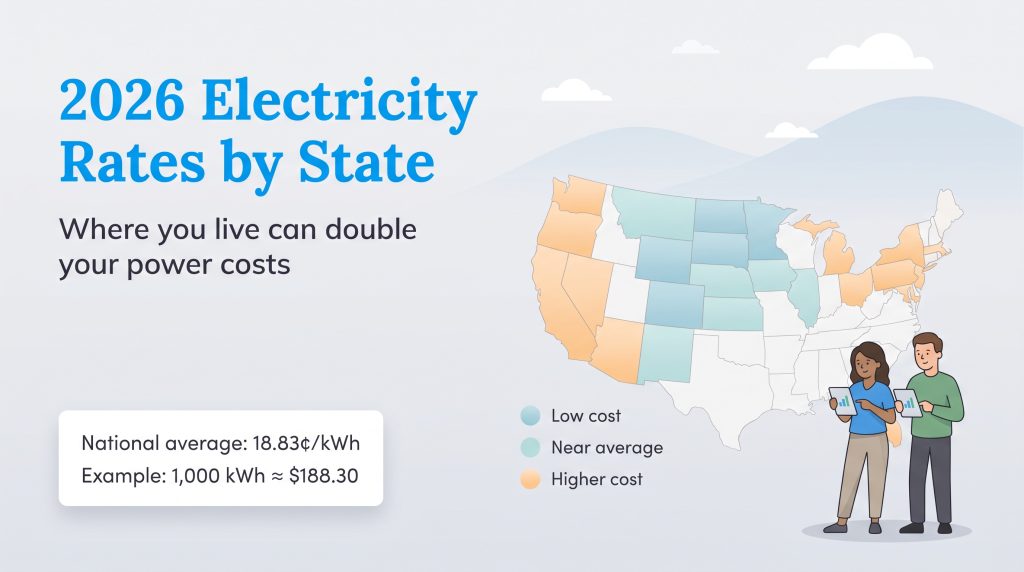 Map of the United States showing electricity rate variations by state in 2026.