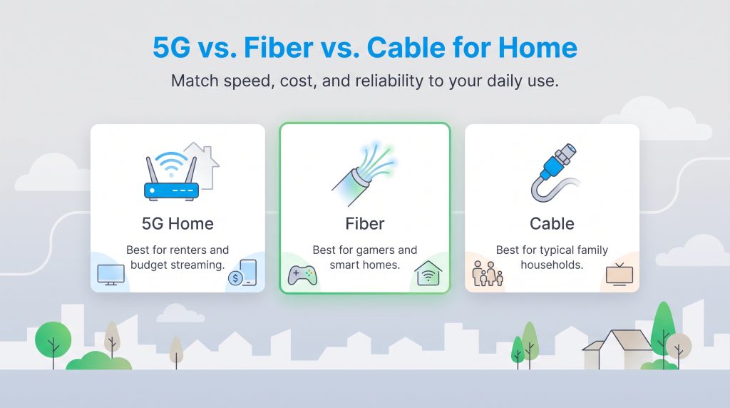 Comparison card graphic showing use cases for 5G, Fiber, and Cable home internet.