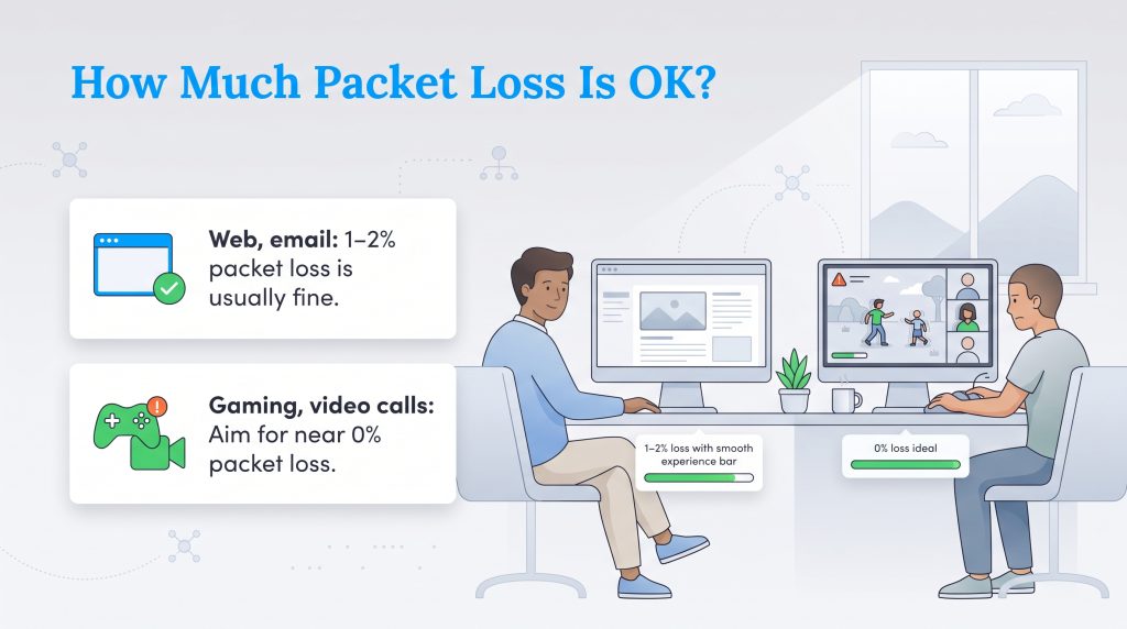 Infographic: 1-2% packet loss is OK for web and email, but gaming and video calls need near 0%.