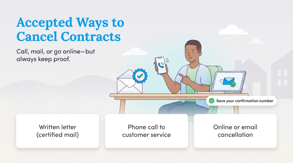 Illustration showing cancellation options: written letter, phone call, and online or email.
