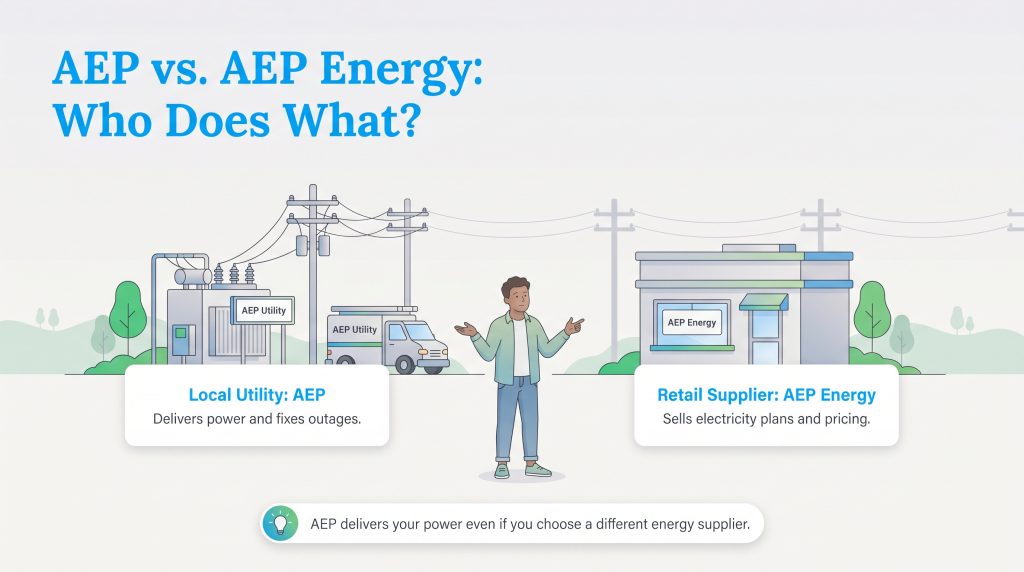 Graphic comparing AEP as local utility and AEP Energy as retail supplier with roles explained.