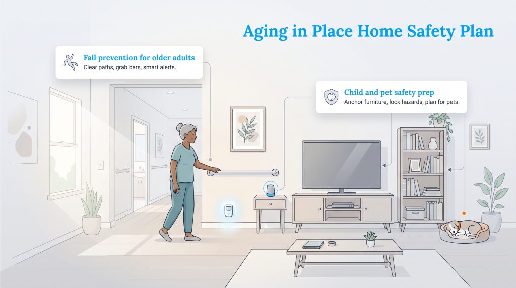 Infographic illustrating home safety modifications for older adults, children, and pets.