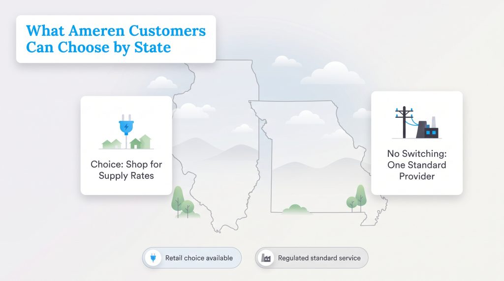 Map showing Illinois offers energy supplier choices while Missouri has a single standard provider.