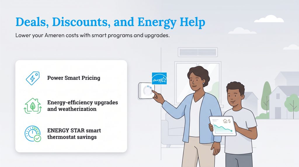 Family adjusting a smart thermostat next to a list of energy savings tips
