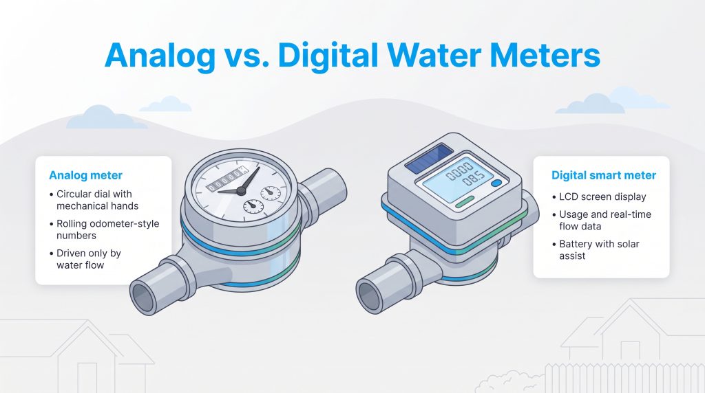 Comparison of an analog water meter with a dial and a digital smart meter with an LCD display.