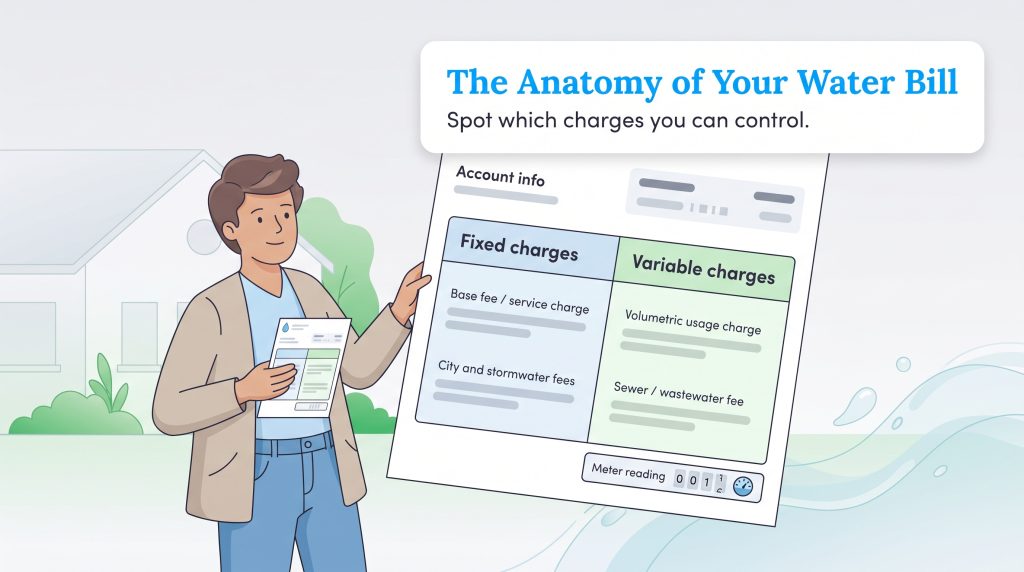 Illustration of a man pointing to a diagram of fixed versus variable charges on a water bill