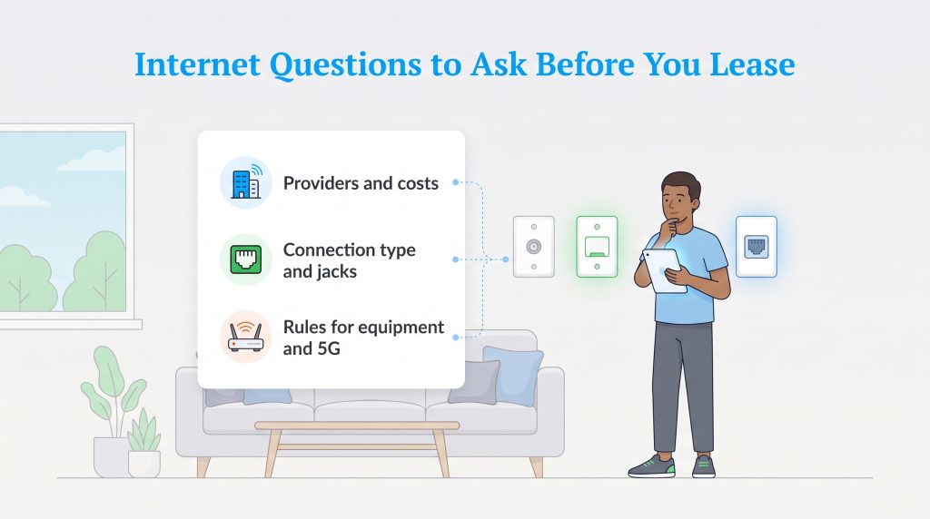 An illustration of a renter considering internet providers, jacks, and rules before leasing.