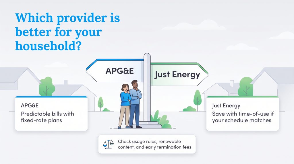 Illustration comparing APG&E and Just Energy plans for household decisions.
