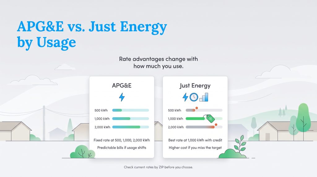 Comparison of APGE fixed rates and Just Energy tiered rates by monthly kilowatt-hour usage