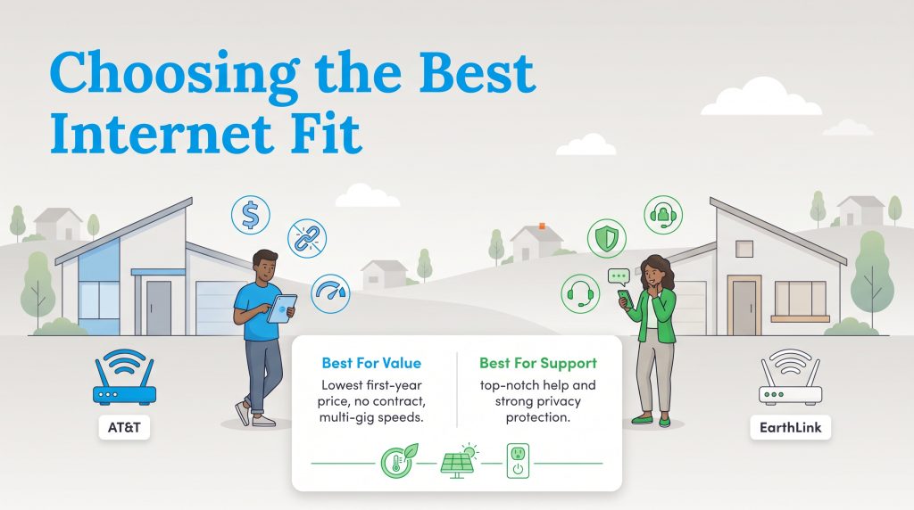 Infographic comparing AT&T for value and EarthLink for support in choosing the best internet fit.