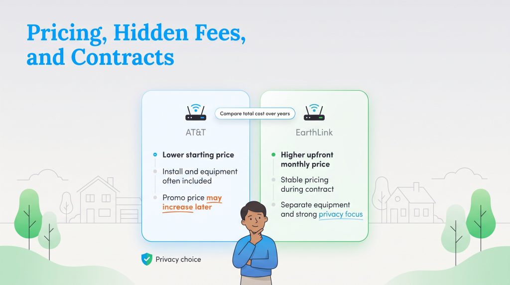 Infographic comparing AT&T's lower initial pricing and promo rates with EarthLink's stable pricing and privacy focus.