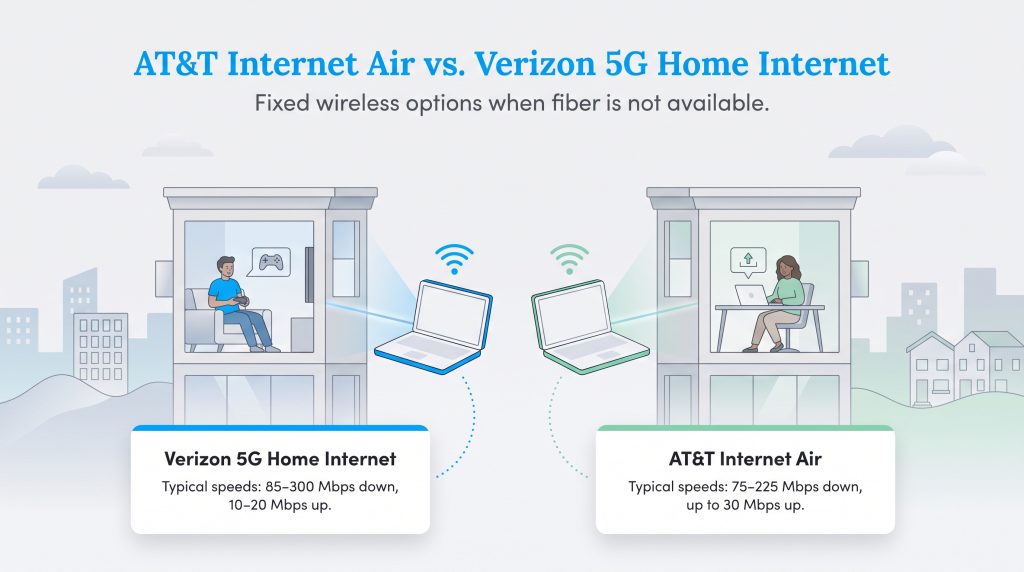 Comparison graphic of Verizon 5G and AT&T Internet Air typical speeds and setups