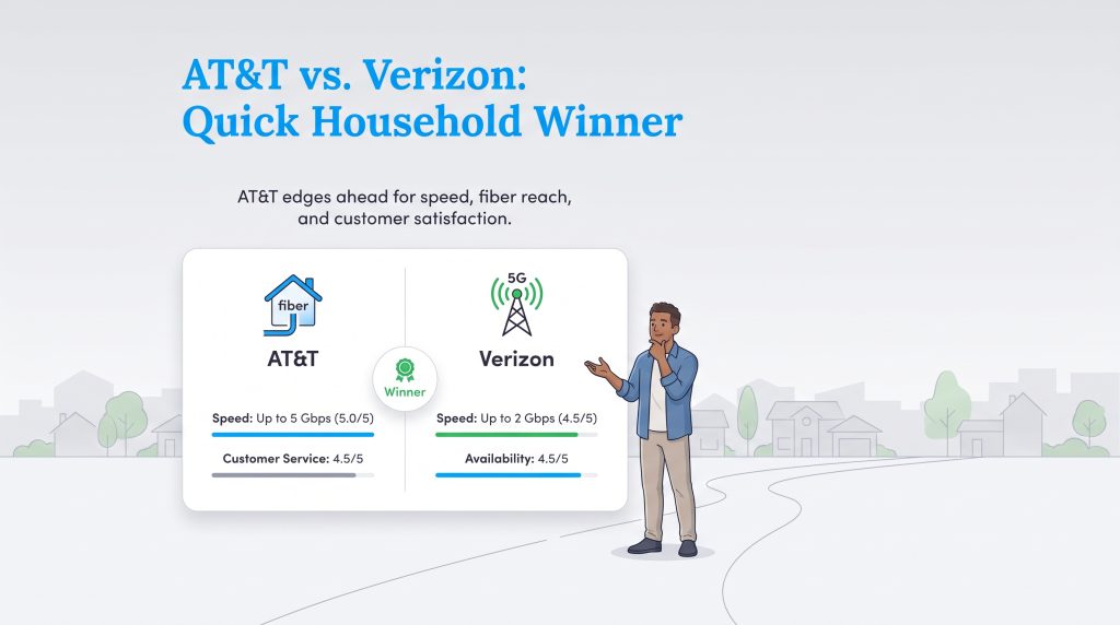 A comparison card showing AT&T as the winner over Verizon for household internet.